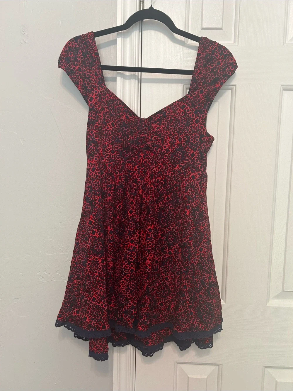 Free People Navy and Red Smocked Floral Blouse